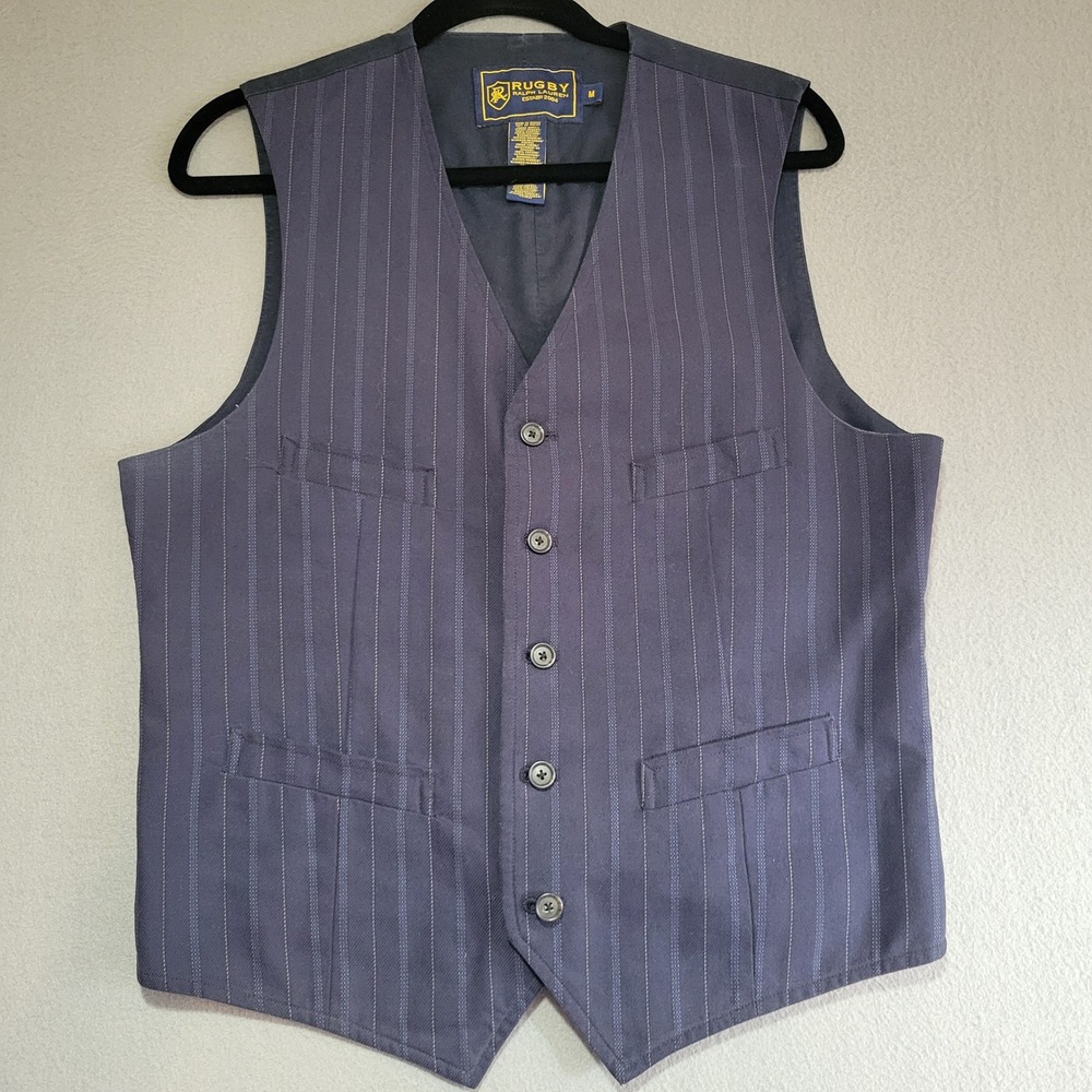 Rugby Ralph Lauren Mens Navy Blue Pinstripe Cotton Waistcoat Vest Size M